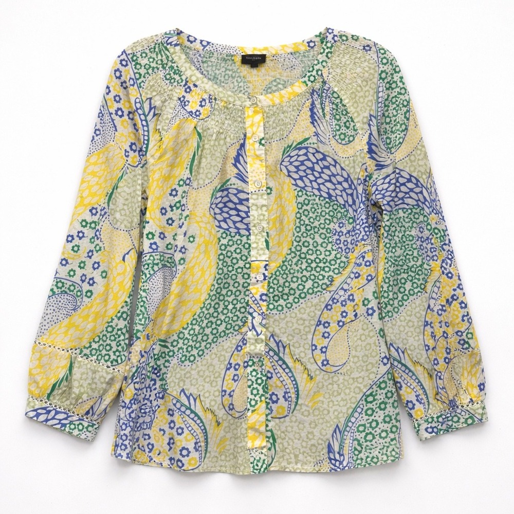 Talbots Plus Womens Size X Paisley Floral Cotton Smocked Button Front Blouse